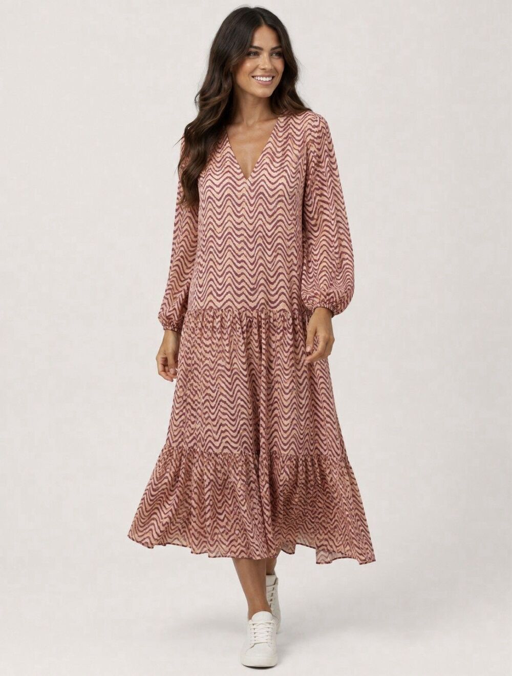 Zara Tiered Maxi Dress Womens Sz L  V-Neck Giny Cotton Geometric Boho Ruffle